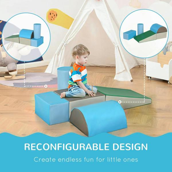 Toddler playing on blue-and-green foam climbing set with tunnel and ramp blocks