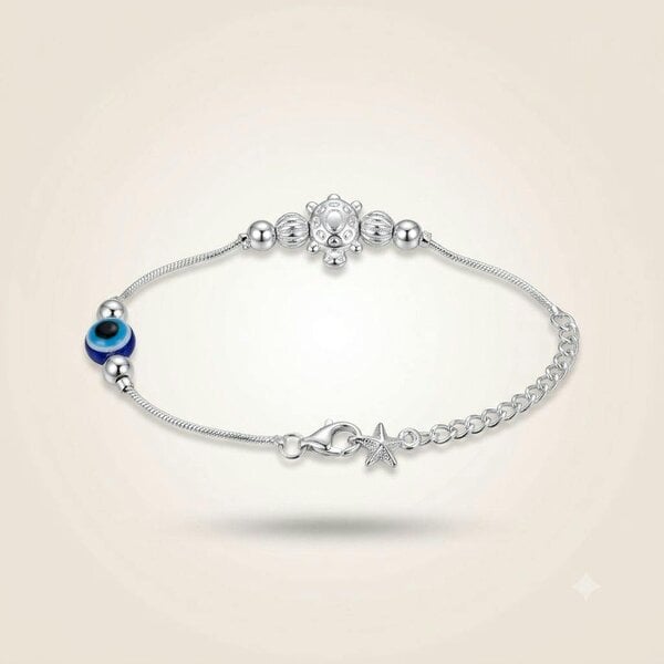 The Colourful Aura Silver Plated Evil Eye Turtle Anklet with Star Charm