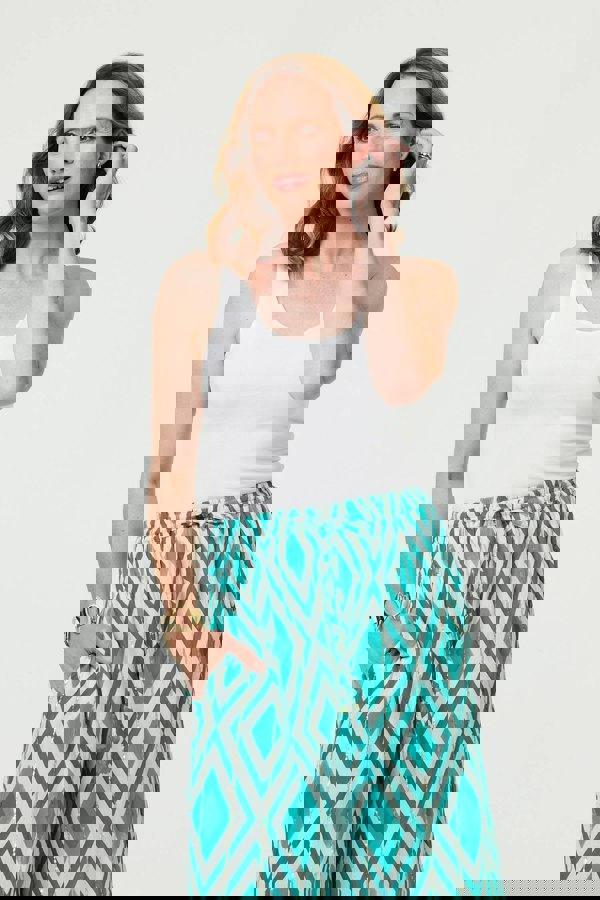 Green | Geo Print Wide Leg High Waist Trousers
