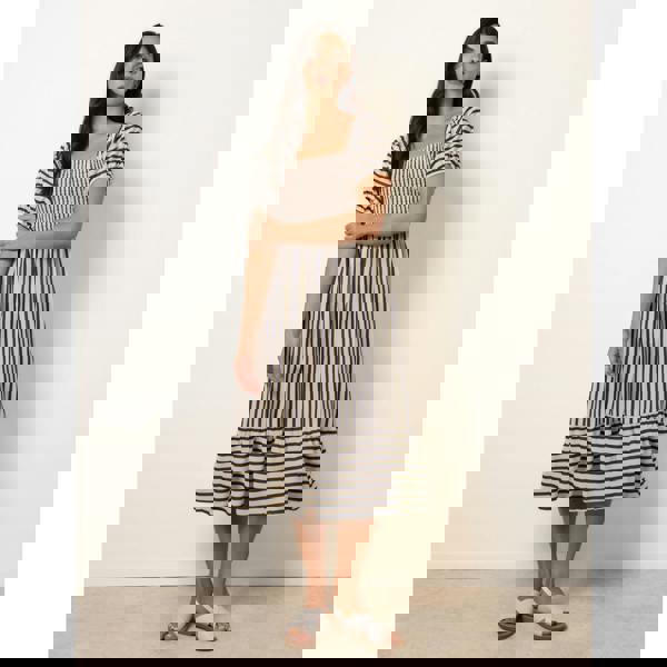 Blue Vanilla Square Neck Puff Sleeve Stripe Midi Dress