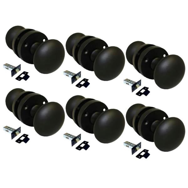 EDH Door Hardware Matt Black Round Door Knob Set Including Tubular Latch - Victorian Style Sprung Internal & External Door Knobs