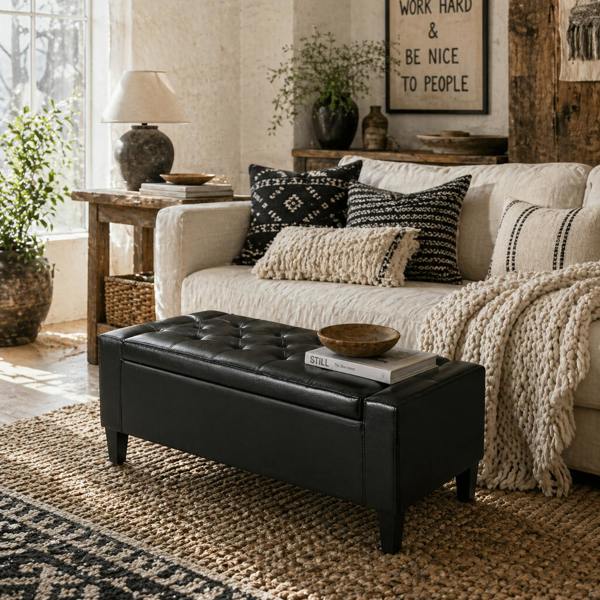Wyld Haus Sabata Faux Leather Black Storage Ottoman Bench With Lift Up Diamond Tufted Lid