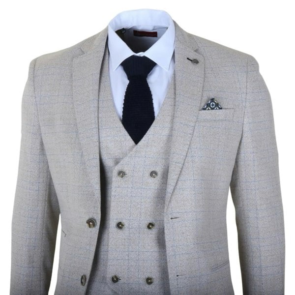 Robert Simon Luis - Men's Cream Plaid Check Slim Fit 3 Piece Suit