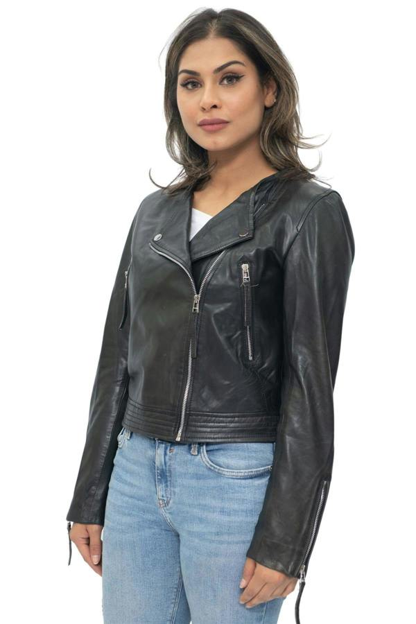 Infinity Leather Womens Collarless Biker Jacket-Padova