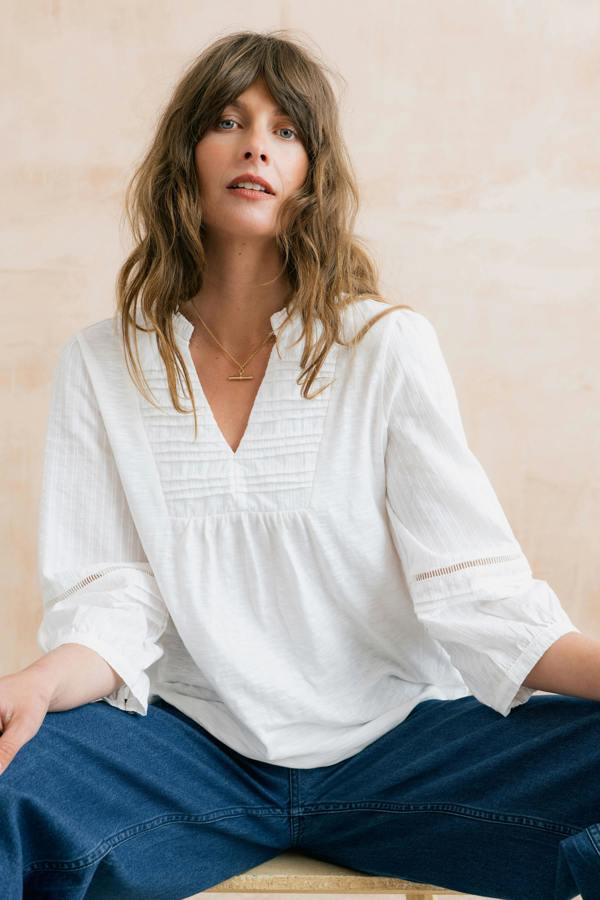 Lily & Me Marie Embroidered Cotton Pintuck Blouse White