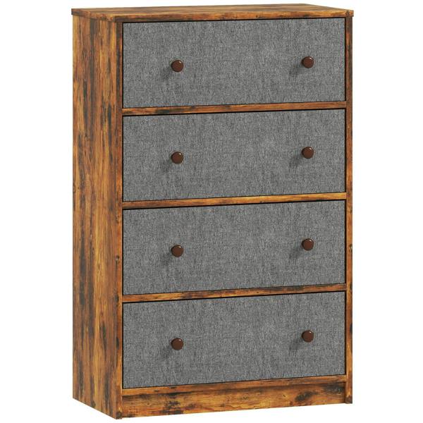 Grey fabric drawer dresser with four drawers and rustic brown wood frame