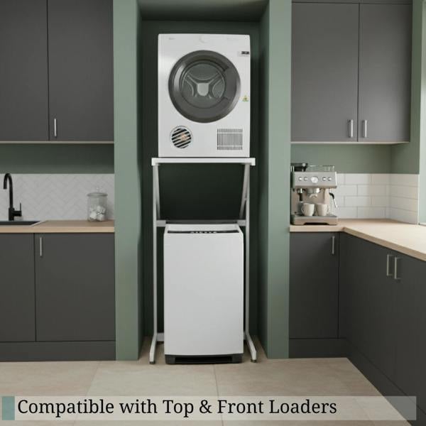 DryerStand Adjustable holding a tumble dryer above a washing machine, suitable for top and front loaders