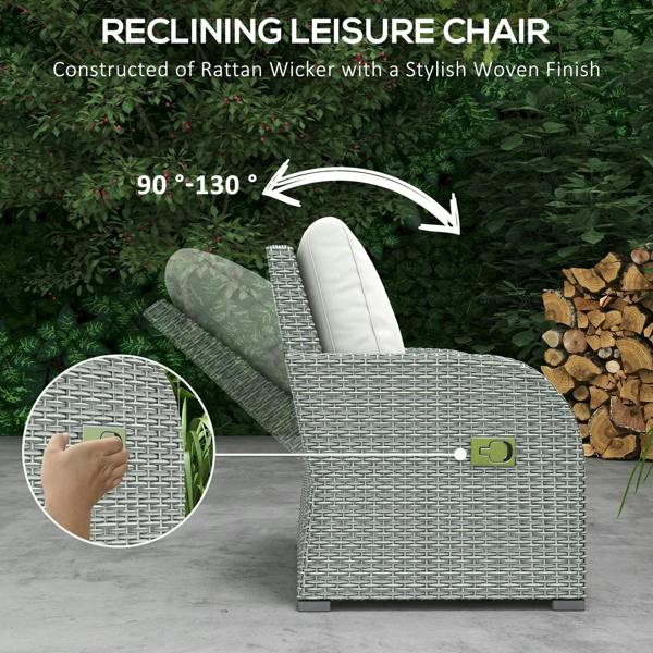 Light grey reclining leisure chair with woven rattan frame and white seat cushion