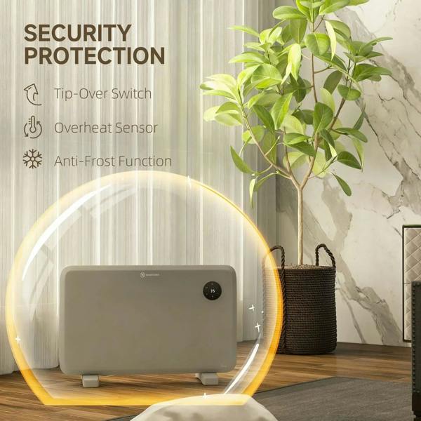 Grey electric convector heater with control dial and highlighted safety glow