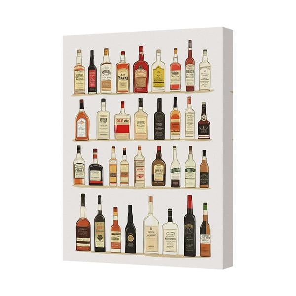 Benjamin Tate Design Bottle Shelf Canvas Art Print Framed Whiskey and Spirits Wall Decor