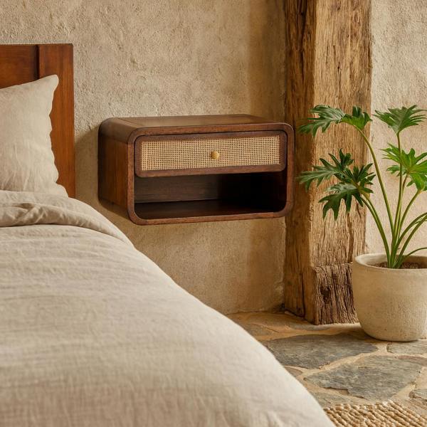 Wyld Haus Como Chestnut Wall Mounted Open Woven Bedside Table with Drawer