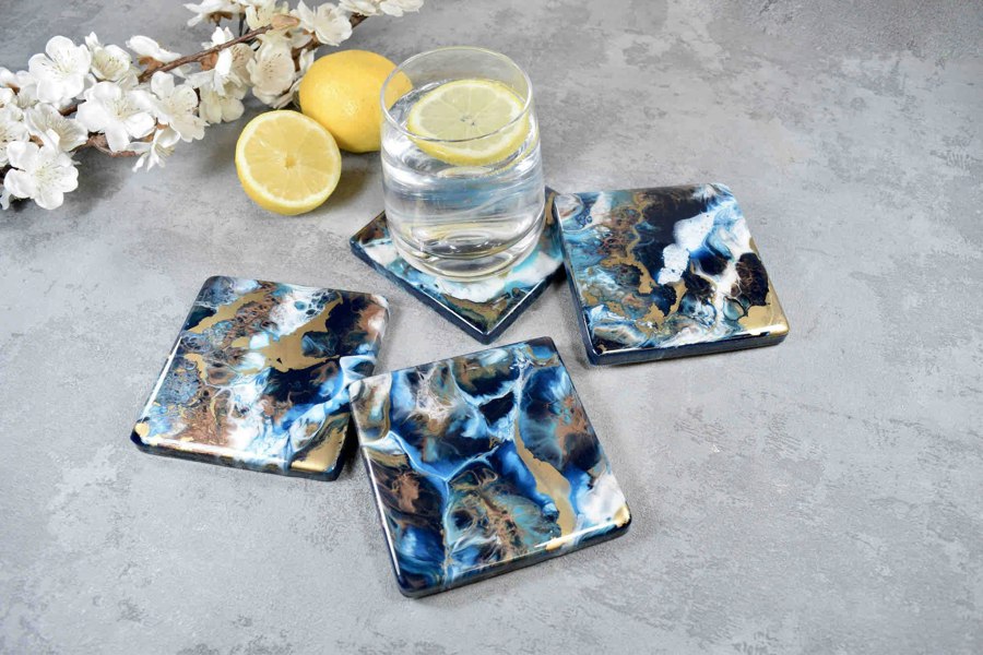 Kate Chesters Art Blue Bronze Gold Abstract Art Set of 4 Drinks Coasters