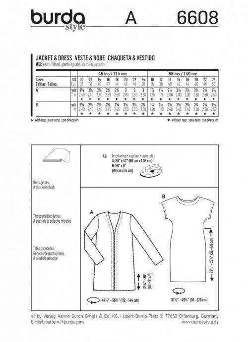Burda Sewing Pattern 6608 Dresses and Jackets For Women, 10 to 24 - Beginner, Easy