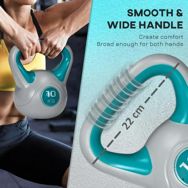 Wide smooth grip handle on a light blue and grey 10 kg kettlebell.