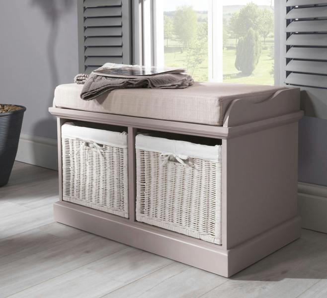 Statement Furniture Tetbury Bench with 2 White Wicker Baskets and Cushion Seat