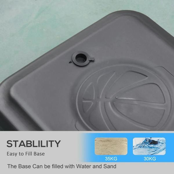 Black weighted base for basketball hoop stand with fill opening, stability close-up