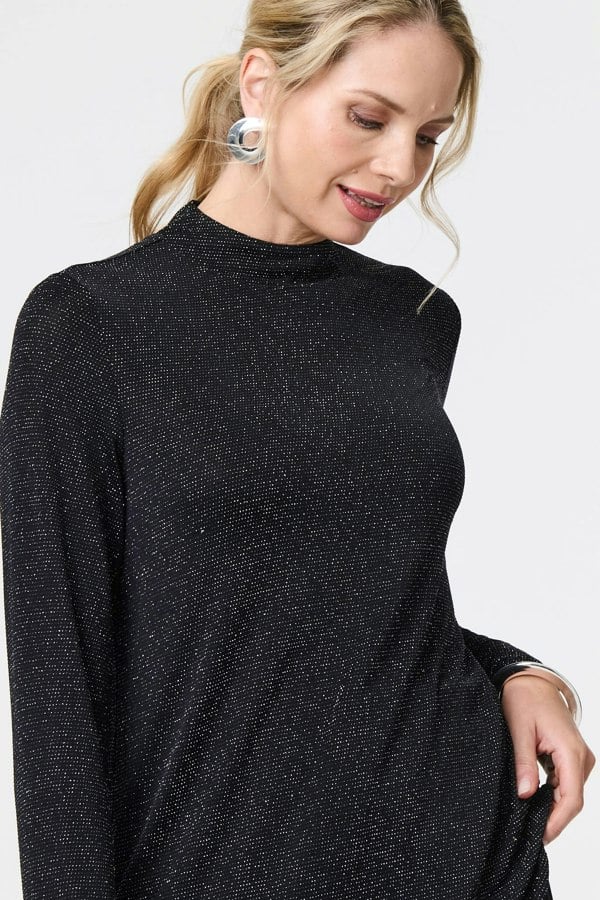 Black | Sparkle Knit Long Sleeve High Neck Top
