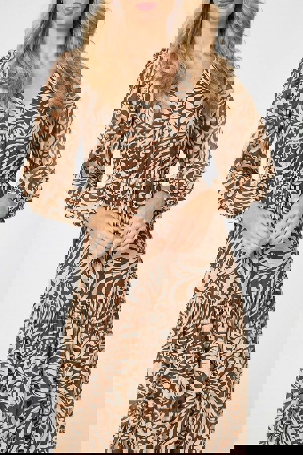 Brown | Printed Layered Long Sleeve Maxi Dress
