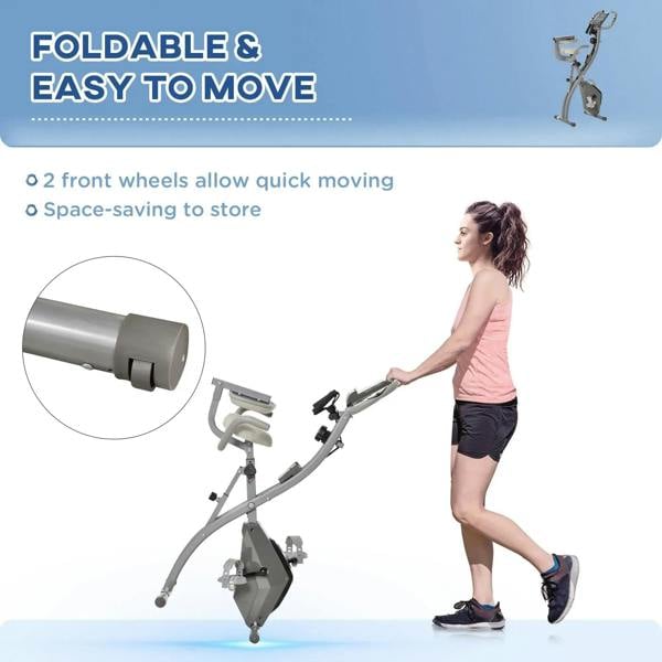 Grey folding exercise bike with transport wheels for easy movement and storage
