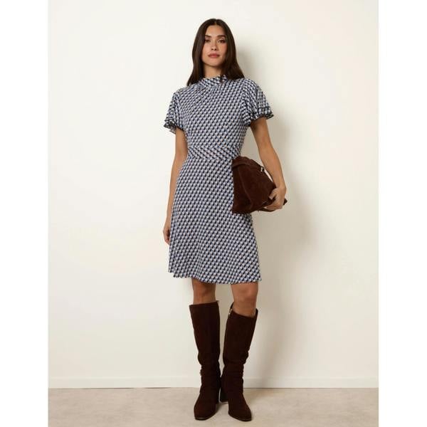 Blue Vanilla High Neck Angel Sleeve Mini Dress