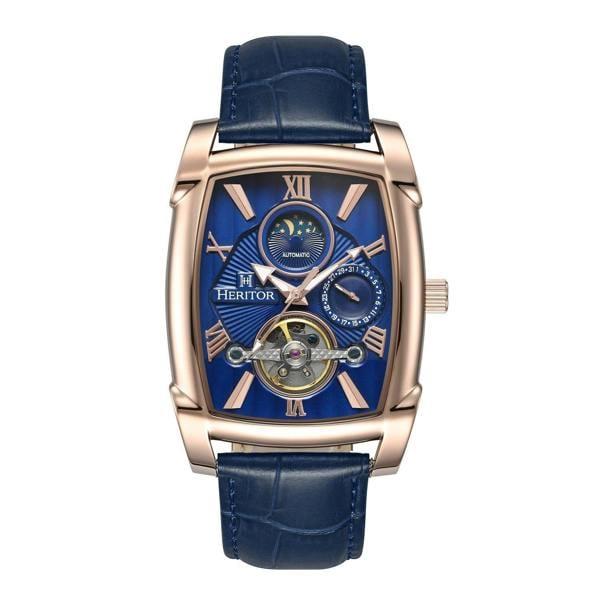 Heritor Automatic Valentin Leather-Band Watch w/Date - Rose Gold/Blue - HERHS4405