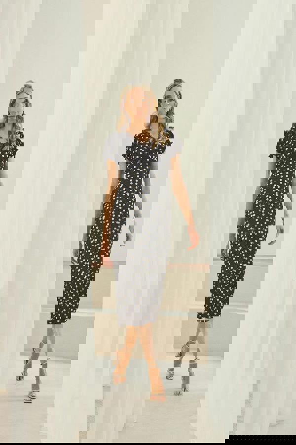 Black | Polka Dot Lace Trim Empire Midi Dress : Model is 5'10"/178 cm and wears UK10/EU38/US6/AUS10