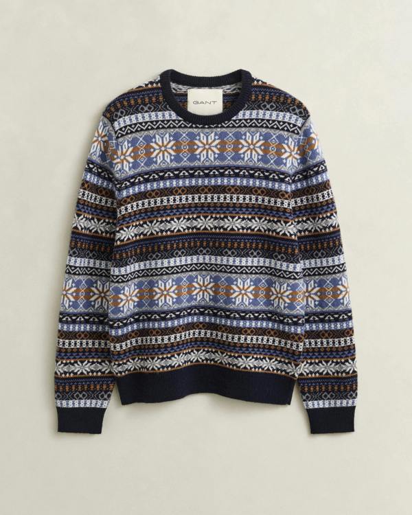 GANT Mens Fair Isle Crew Neck Sweater - 433 Evening Blue | CHO | Designer Mens Crew Neck Jumpers