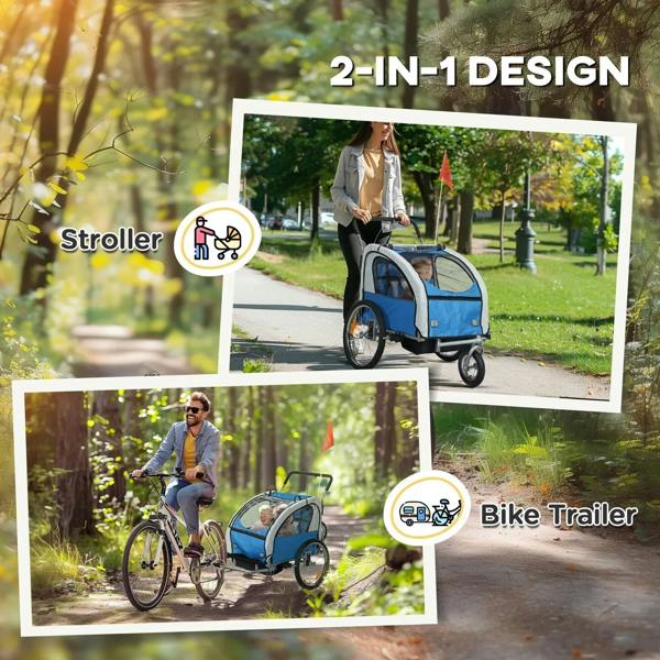 Blue two-seat bike trailer shown in stroller and bike-trailer setups