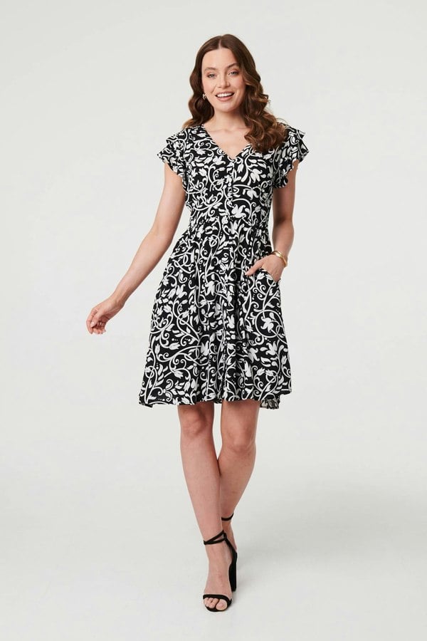 Black | Printed Cap Sleeve Short Skater Dress
