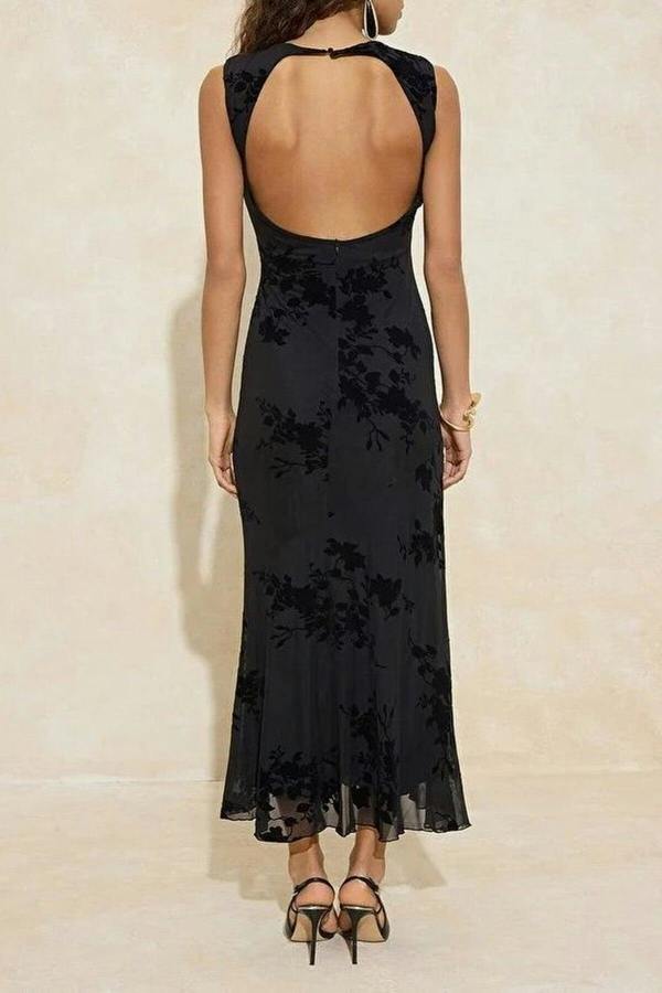 WOVCOR Floral Patterned Flocked Tulle Lined Maxi Dress