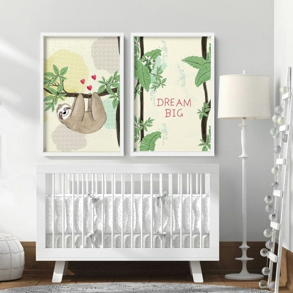 Bedroom jungle wall art for nursery | set of 2 Sloths art prints