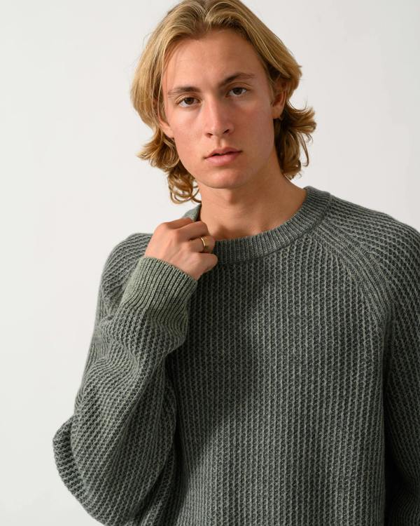 close up of a model wearing a BOSS Orange Kepler Mens Crew Neck Jumper in Open Green 370