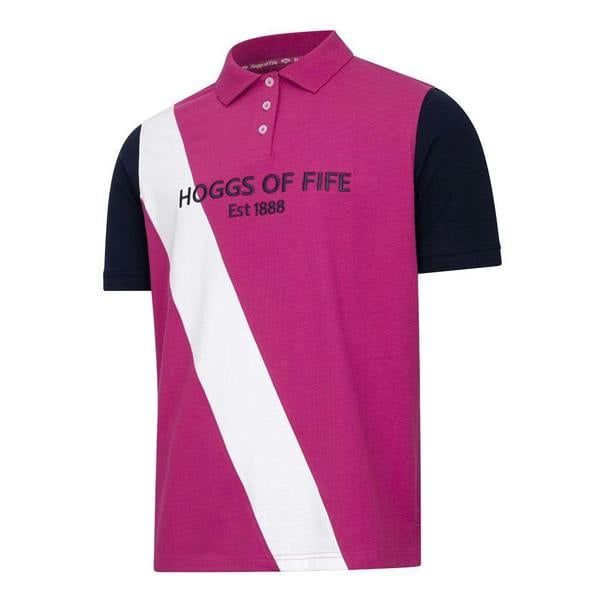 Hoggs of Fife Abbey Ladies Sash Jersey Polo shirt pink with white sash panel and navy sleeves front view