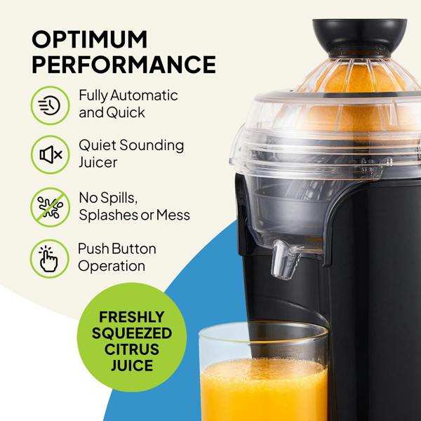 The Fridja f800 Automatic Citrus Juicer quietly squeezes oranges with no spills—just push a button! Enjoy freshly squeezed citrus juice, high in vitamin C.