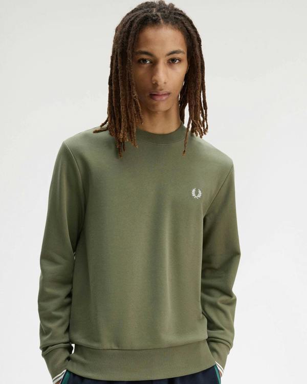 Fred Perry Mens Crew Neck Sweatshirt - Laurel Wreath Green/Ecru/Dusky Blue 87B | CHO | Designer Mens Sweatshirts