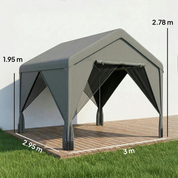 3 x 3 m Patio Gazebo with Netting & Curtains, Outdoor Canopy Shelter with Galvanised Steel Frame, Dark Grey