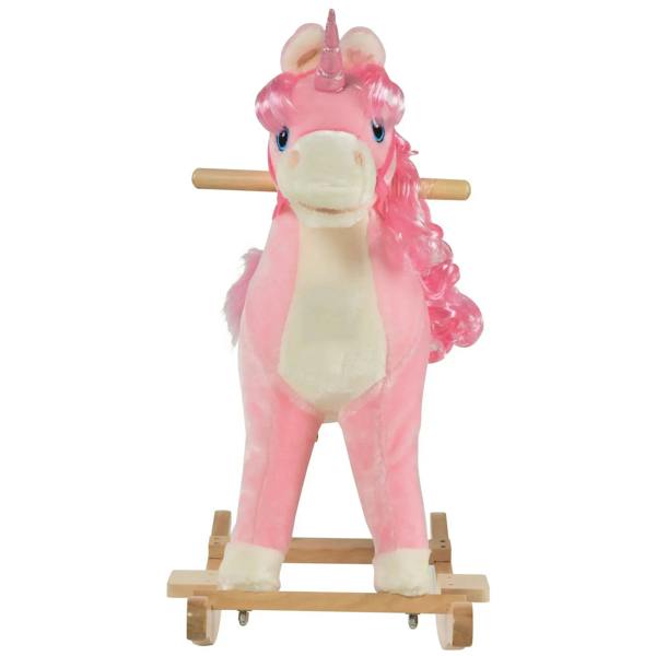 Pink plush unicorn ride-on on wooden rocking base, front view with horn and mane