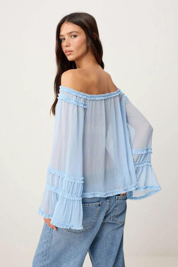 WOVCOR Carmen Neck Ruffle Detail Sheer Woven Blouse