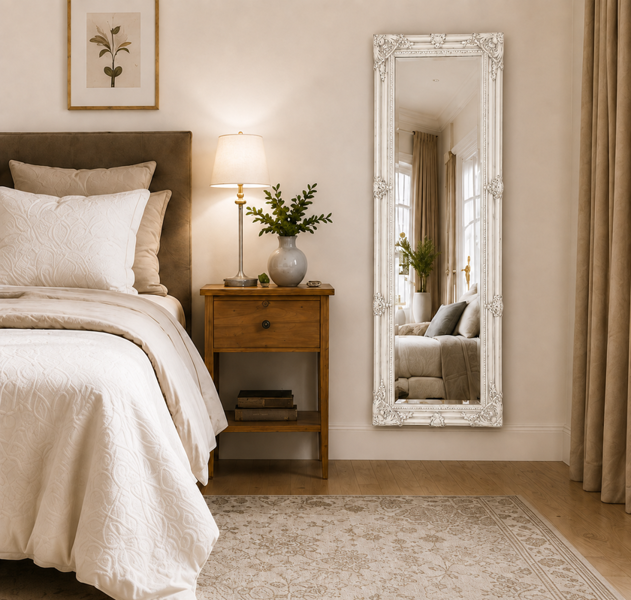 Downton Interiors Antique White Tall Ornate Dressing Wall Mirror with Bevelled Glass 142cm