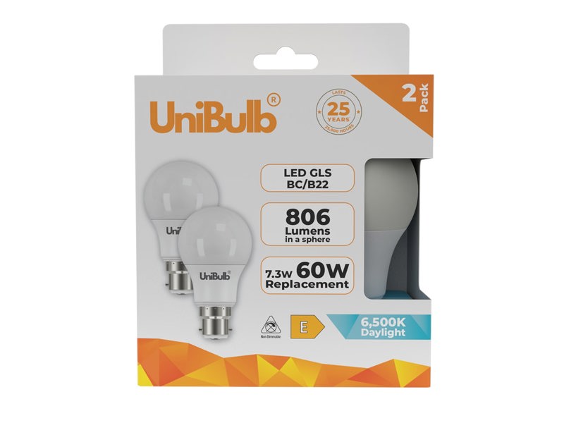 UniBulb LED GLS B22 806lm 7.3W 6500K (Daylight) Light Bulb - Pack of 2 bulb front