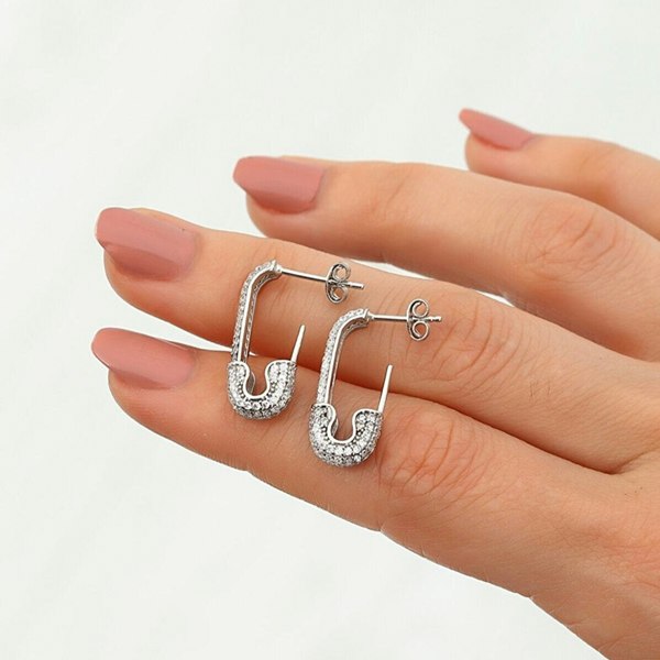 Spero London Pave Safety Pin Earrings Sterling Silver