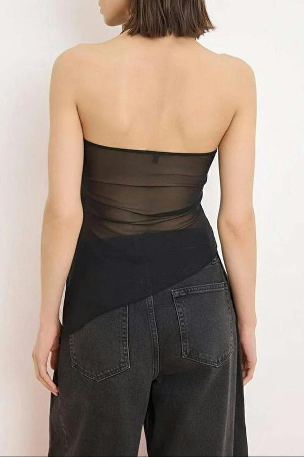 WOVCOR V-Neck Asymmetrical Cut Tulle Party Blouse