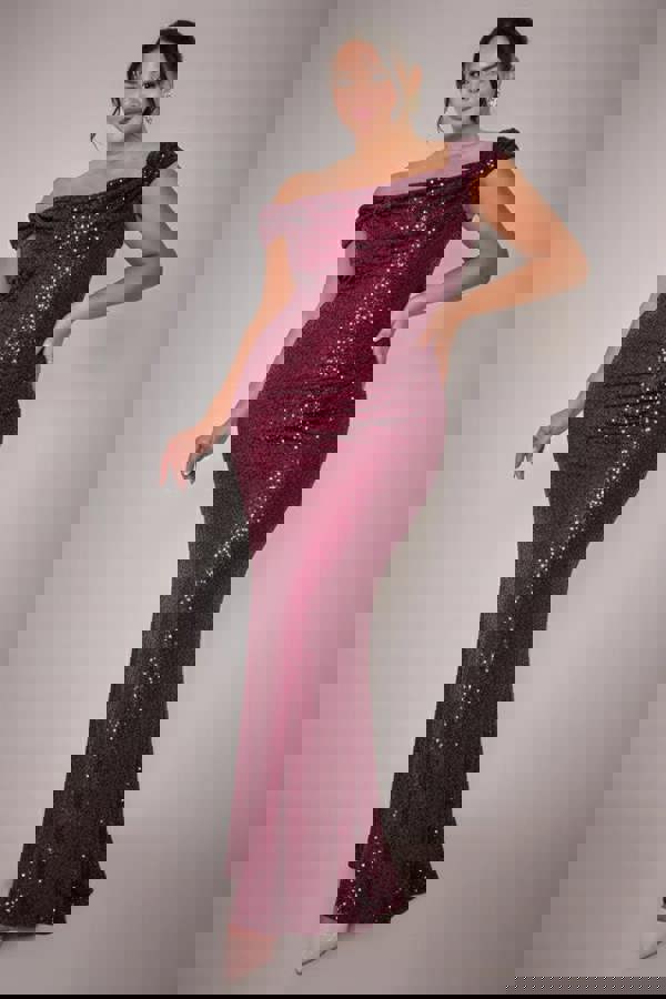 Cap Sleeve Iridescent Sequin Cowl Maxi Dress - Burgundy Red DR4633PLUS