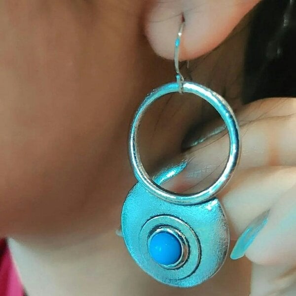 The Colourful Aura Retro Hollow Circle Ethnic Quirky Turquoise Stone Dangle Drop Statement Earring