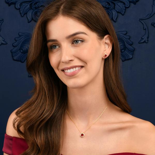 namana Gold Plated Sterling Silver Red Cubic Zirconia Cushion Halo Pendant Necklace