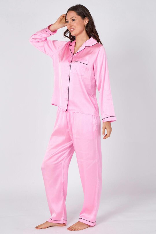 Elaina Fashion Women's Pink Satin Pyjama Sleepwear Set with pockets- Long Sleeves Soft