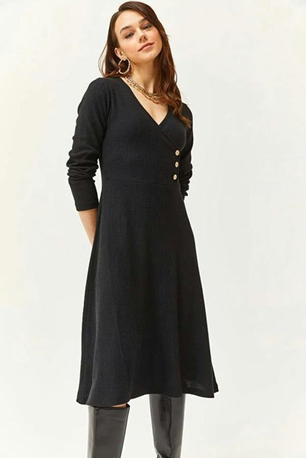 Hoxton Gal Double-Breasted Midi A-Line Dress with Button Details