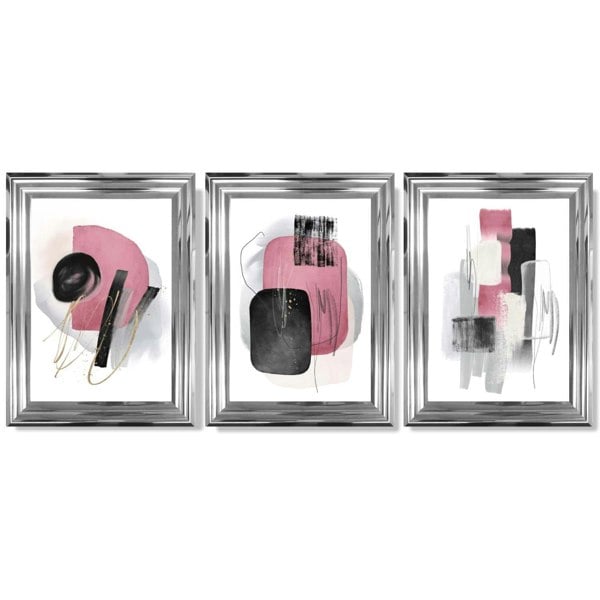 Set of 3 Abstract Black and Pink Watercolour Framed Art Prints with Glossy Chrome Frames
