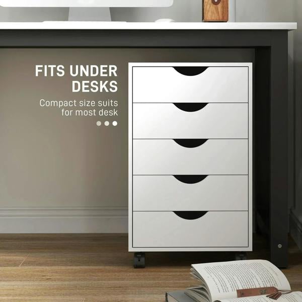 White desk-compatible filing cabinet with five drawers and black semicircle pulls