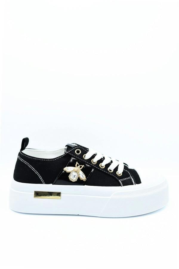 Calista Luxe Bee Decorative Lace Up Platform Trainers - Black